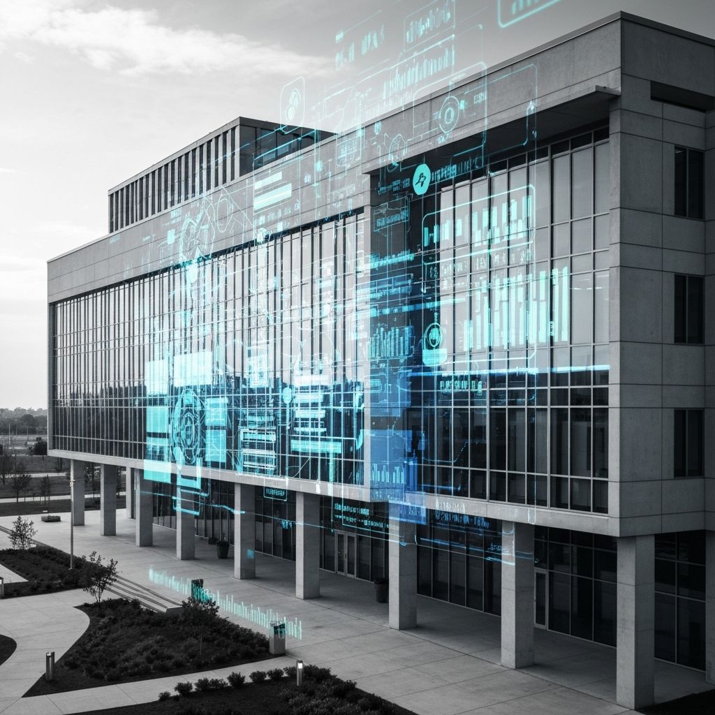 Ministry of Industry building with digital transformation visualization